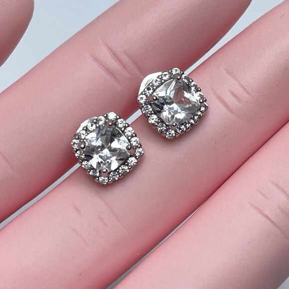 Elegant 925 Sterling Silver Cushion Cut Halo White Sapphire Dainty Stud Earrings - Picture 8 of 8